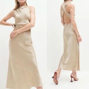 80. Reformation Cream and Gold Backless Halter Sheath Dress
